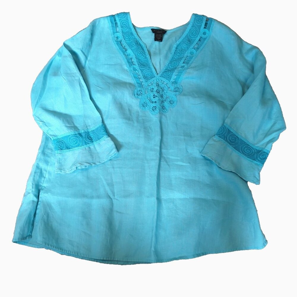Silk Land Woman 100% Linen Top Tunic Turquoise Crochet Mesh Trim Size 1X-lp43 - Picture 3 of 11